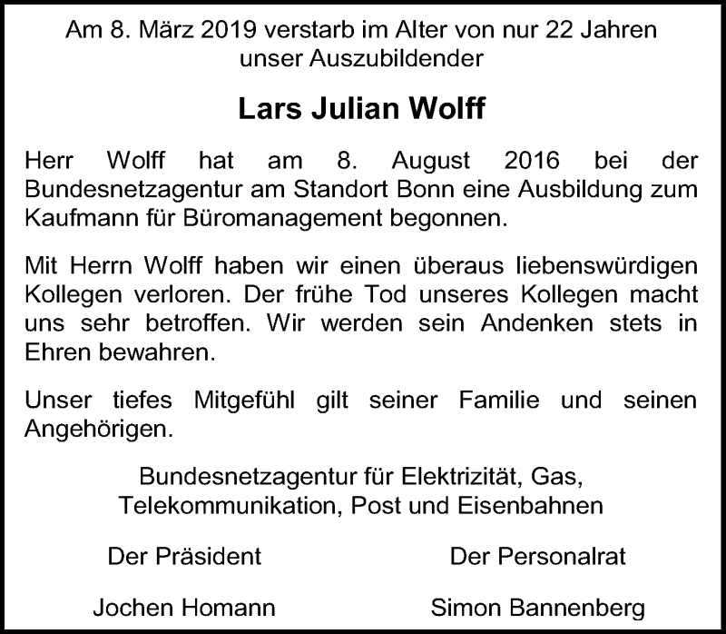  Traueranzeige für Lars Julian Wolff vom 23.03.2019 aus General-Anzeiger Bonn