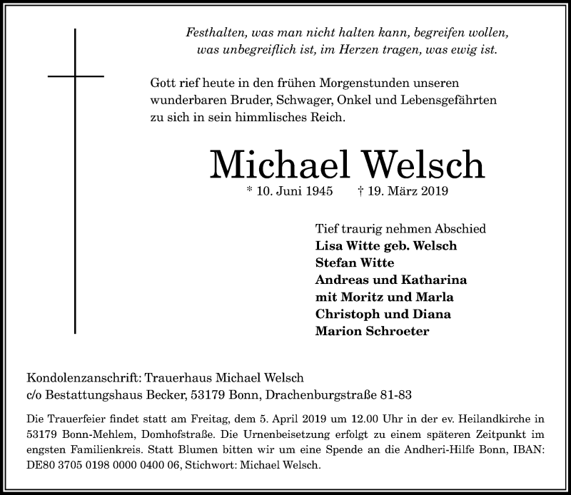  Traueranzeige für Michael Welsch vom 30.03.2019 aus General-Anzeiger Bonn