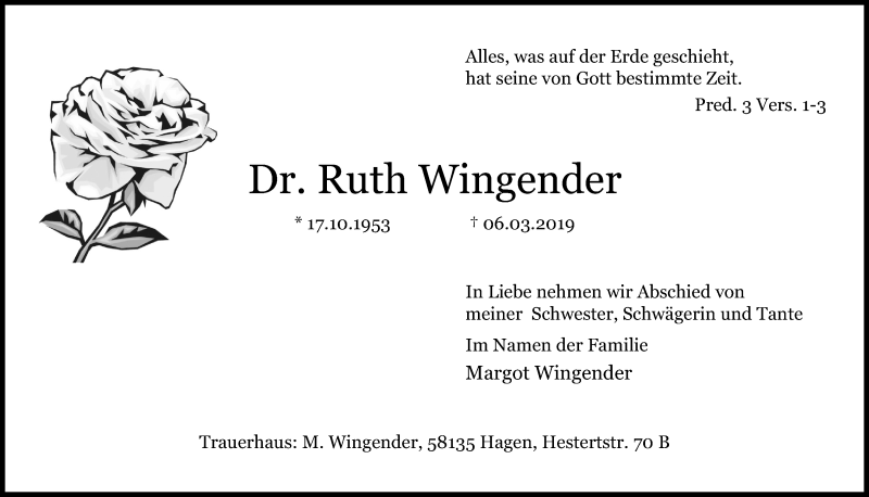  Traueranzeige für Ruth Wingender vom 09.03.2019 aus General-Anzeiger Bonn