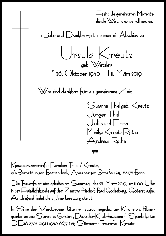  Traueranzeige für Ursula Kreutz vom 16.03.2019 aus General-Anzeiger Bonn
