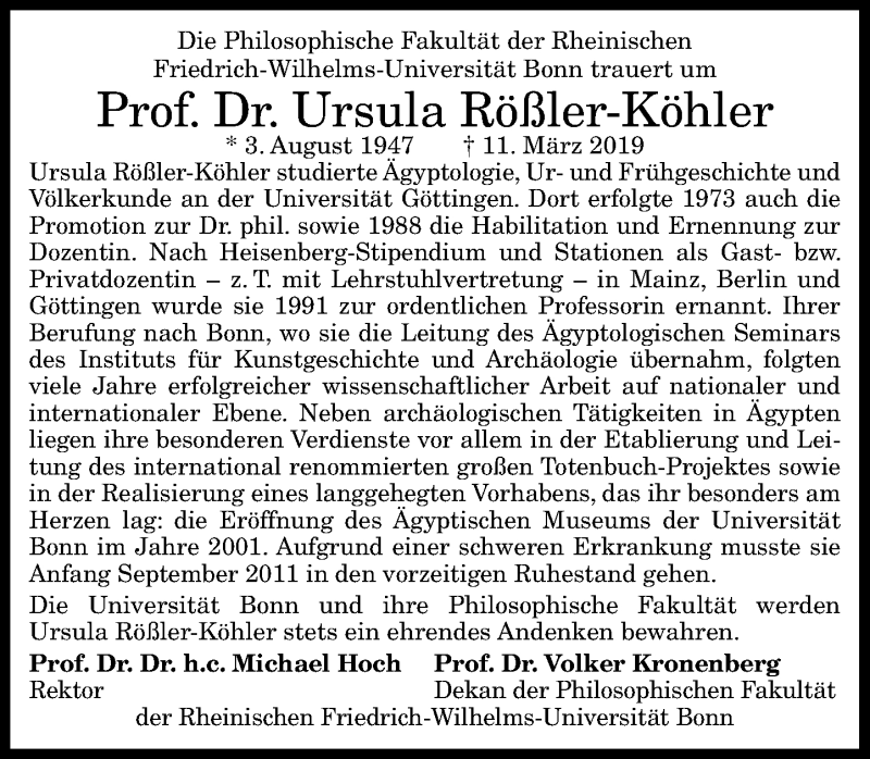  Traueranzeige für Ursula Rößler-Köhler vom 16.03.2019 aus General-Anzeiger Bonn