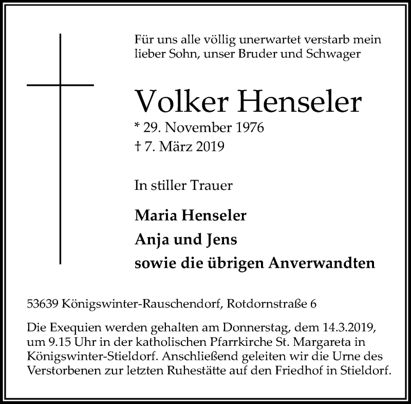  Traueranzeige für Volker Henseler vom 09.03.2019 aus General-Anzeiger Bonn