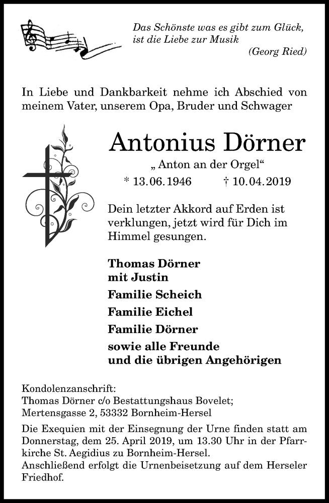  Traueranzeige für Antonius Dörner vom 13.04.2019 aus General-Anzeiger Bonn