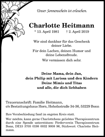 Anzeige von Charlotte Heitmann von General-Anzeiger Bonn