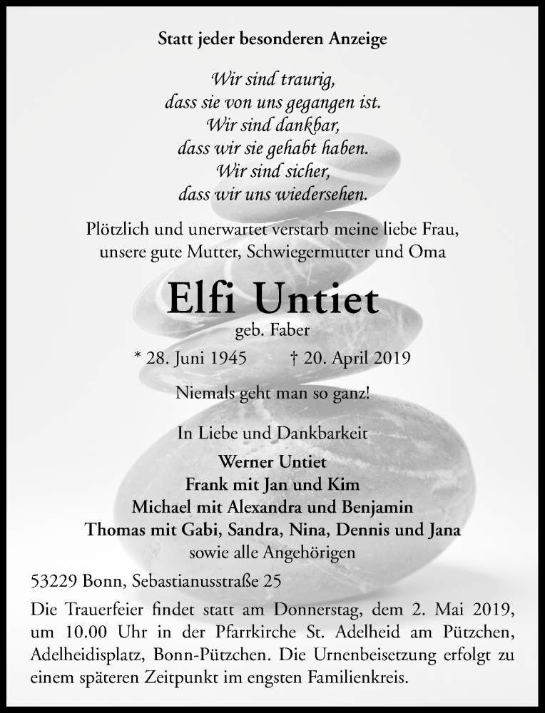  Traueranzeige für Elfe Untiet vom 27.04.2019 aus General-Anzeiger Bonn