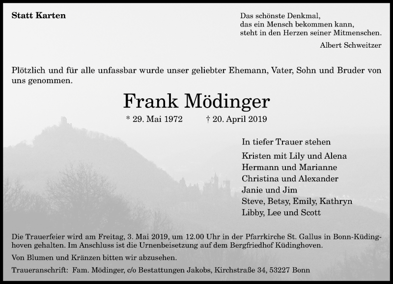  Traueranzeige für Frank Mödinger vom 27.04.2019 aus General-Anzeiger Bonn