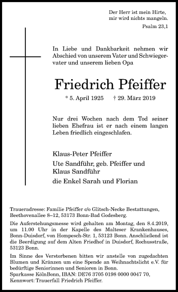 Anzeige von Friedrich Pfeiffer von General-Anzeiger Bonn