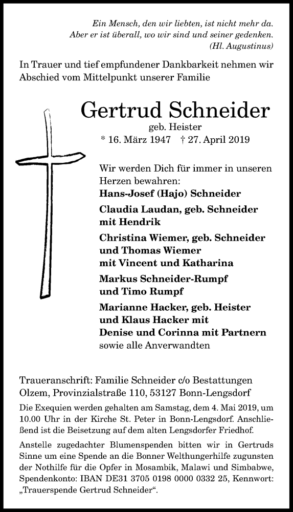 Traueranzeige für Gertrud Schneider vom 01.05.2019 aus General-Anzeiger Bonn