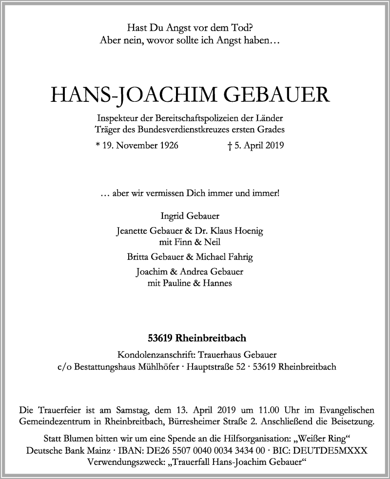  Traueranzeige für Hans-Joachim Gebauer vom 10.04.2019 aus General-Anzeiger Bonn