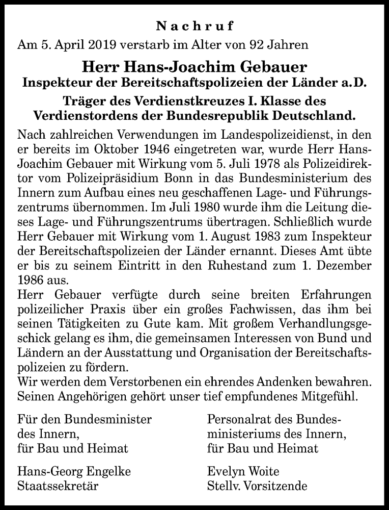  Traueranzeige für Hans-Joachim Gebauer vom 20.04.2019 aus General-Anzeiger Bonn