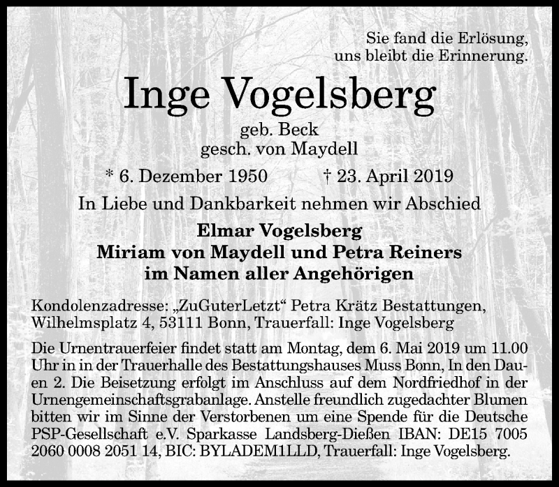  Traueranzeige für Inge Vogelsberg vom 27.04.2019 aus General-Anzeiger Bonn