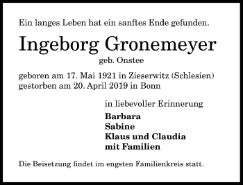 Anzeige von Ingeborg Gronemeyer von General-Anzeiger Bonn