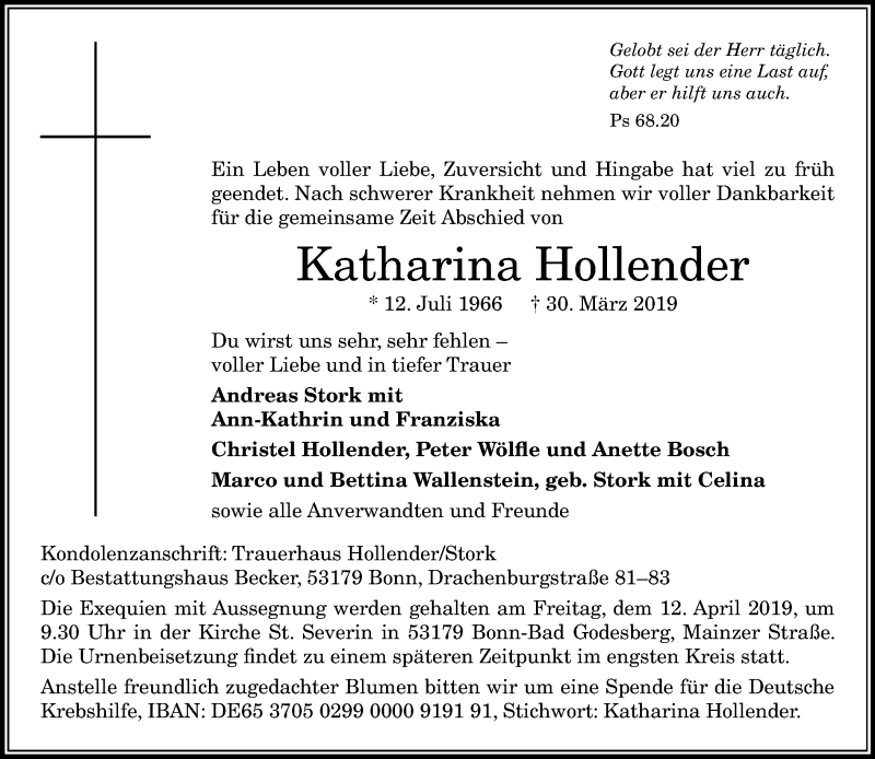  Traueranzeige für Katharina Hollender vom 06.04.2019 aus General-Anzeiger Bonn