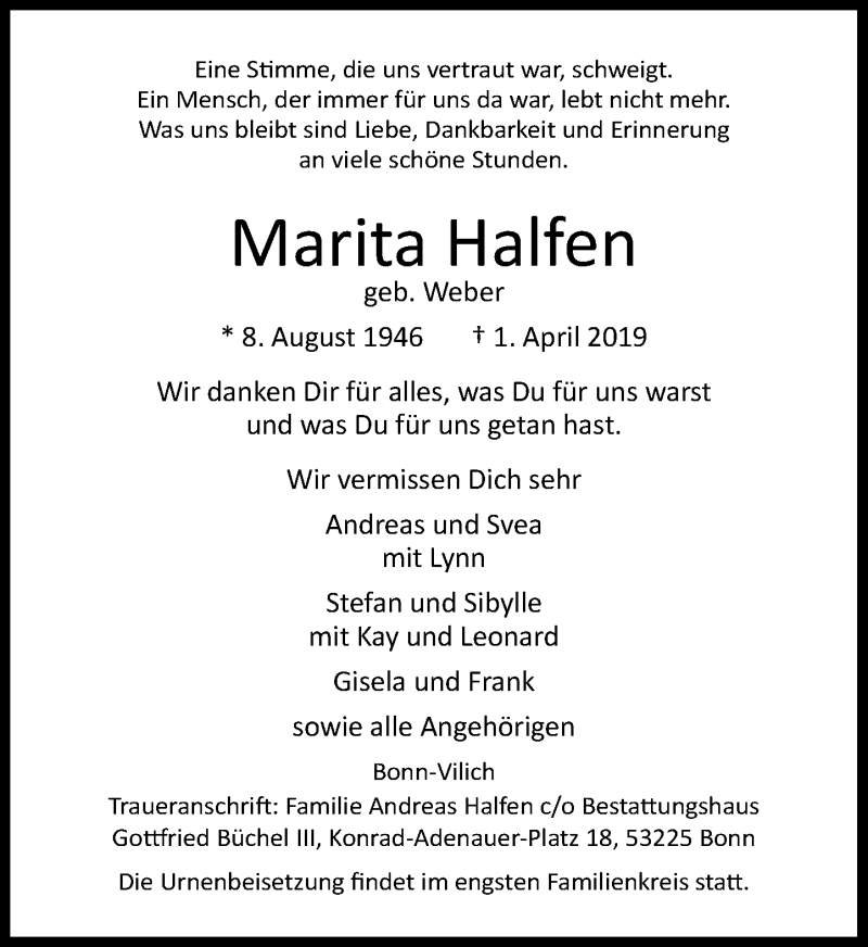  Traueranzeige für Marita Halfen vom 06.04.2019 aus General-Anzeiger Bonn