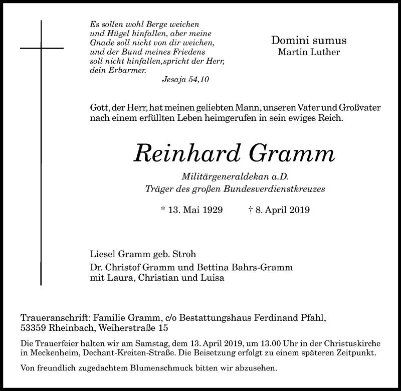  Traueranzeige für Reinhard Gramm vom 11.04.2019 aus General-Anzeiger Bonn