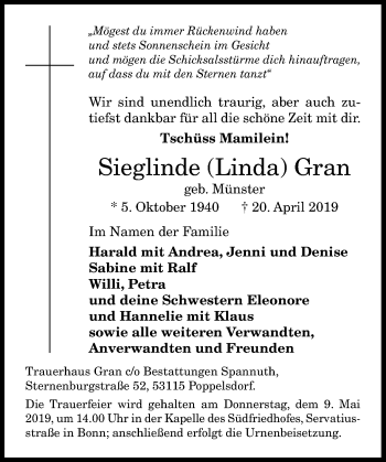 Anzeige von Sieglinde Gran von General-Anzeiger Bonn