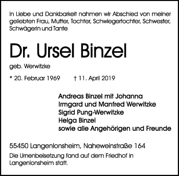 Anzeige von Ursel Binzel von General-Anzeiger Bonn