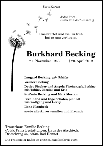 Anzeige von Burkhard Becking von General-Anzeiger Bonn