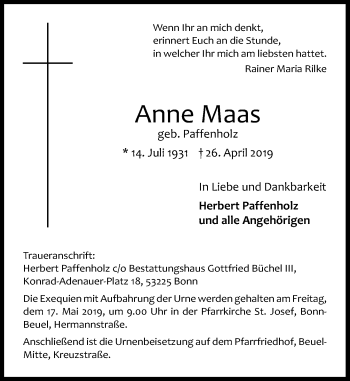 Anzeige von Anne Maas von General-Anzeiger Bonn