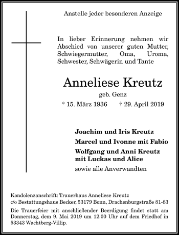 Anzeige von Anneliese Kreutz von General-Anzeiger Bonn