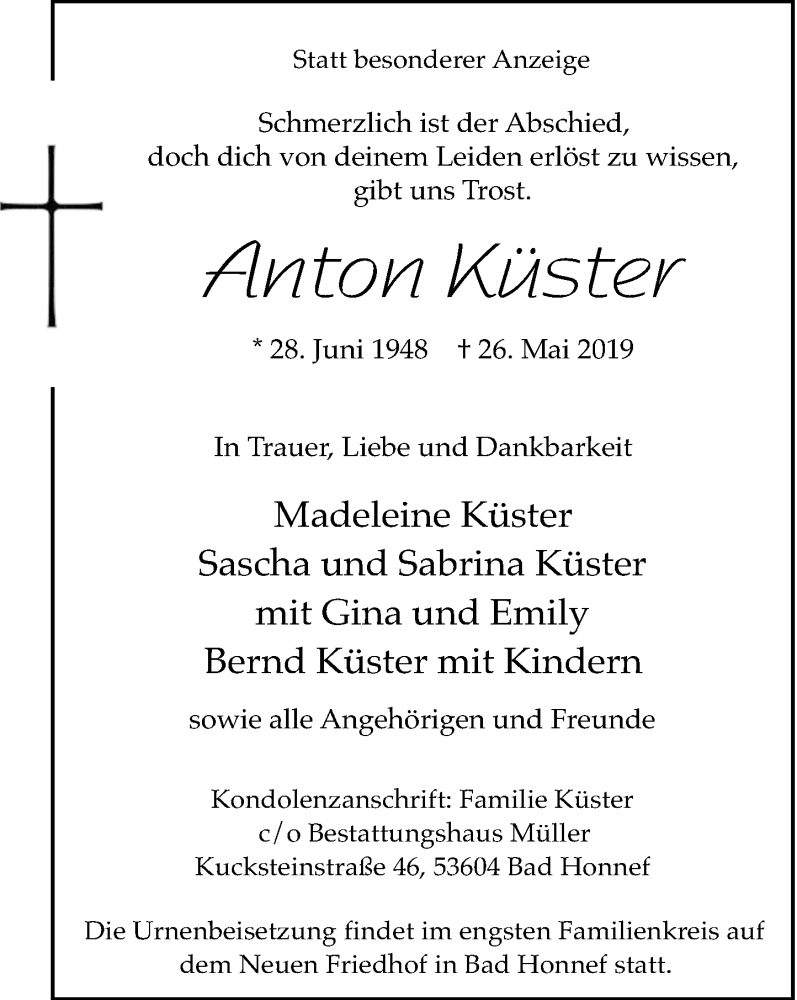  Traueranzeige für Anton Küster vom 01.06.2019 aus General-Anzeiger Bonn