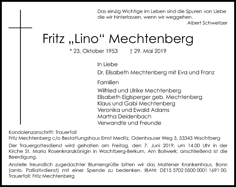  Traueranzeige für Fritz Mechtenberg vom 01.06.2019 aus General-Anzeiger Bonn