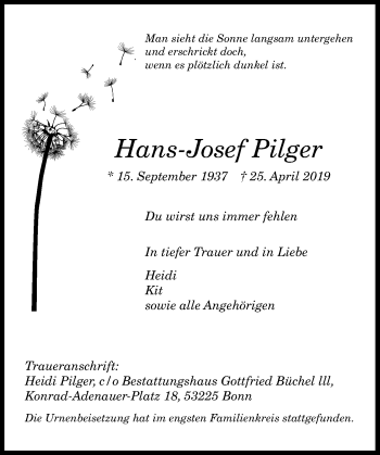 Anzeige von Hans-Josef Pilger von General-Anzeiger Bonn