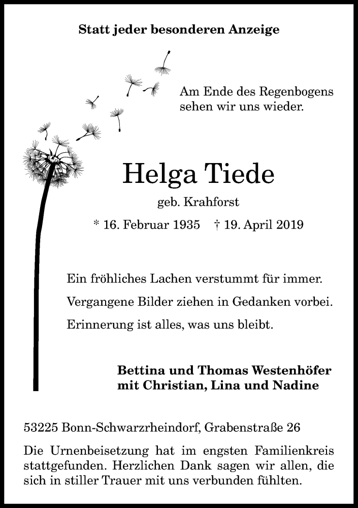  Traueranzeige für Helga Tiede vom 11.05.2019 aus General-Anzeiger Bonn