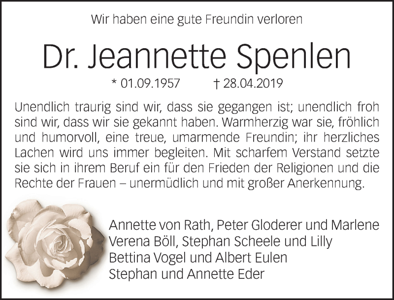  Traueranzeige für Jeannette Spenlen vom 11.05.2019 aus General-Anzeiger Bonn