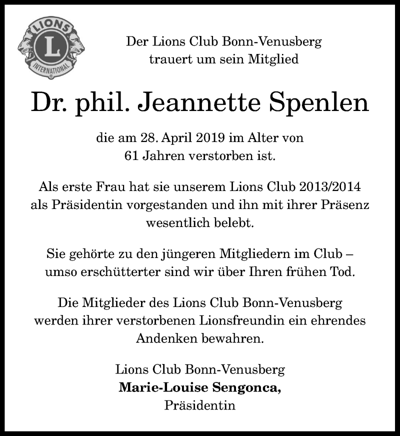  Traueranzeige für Jeannette Spenlen vom 04.05.2019 aus General-Anzeiger Bonn