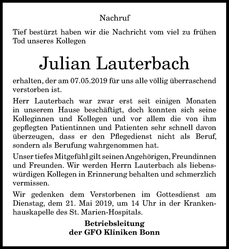  Traueranzeige für Julian Lauterbach vom 18.05.2019 aus General-Anzeiger Bonn