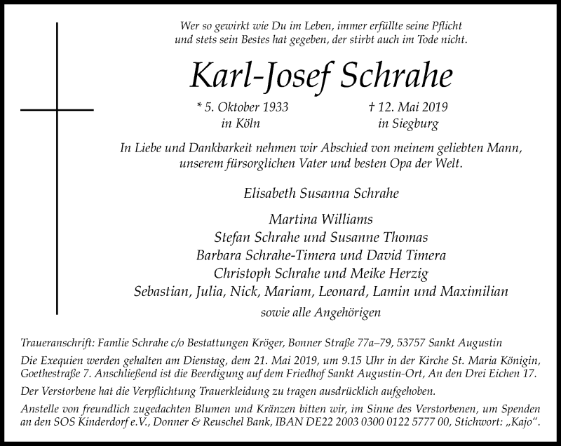  Traueranzeige für Karl-Josef Schrahe vom 18.05.2019 aus General-Anzeiger Bonn