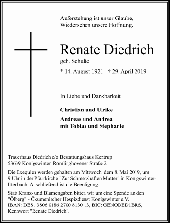 Anzeige von Renate Diedrich von General-Anzeiger Bonn