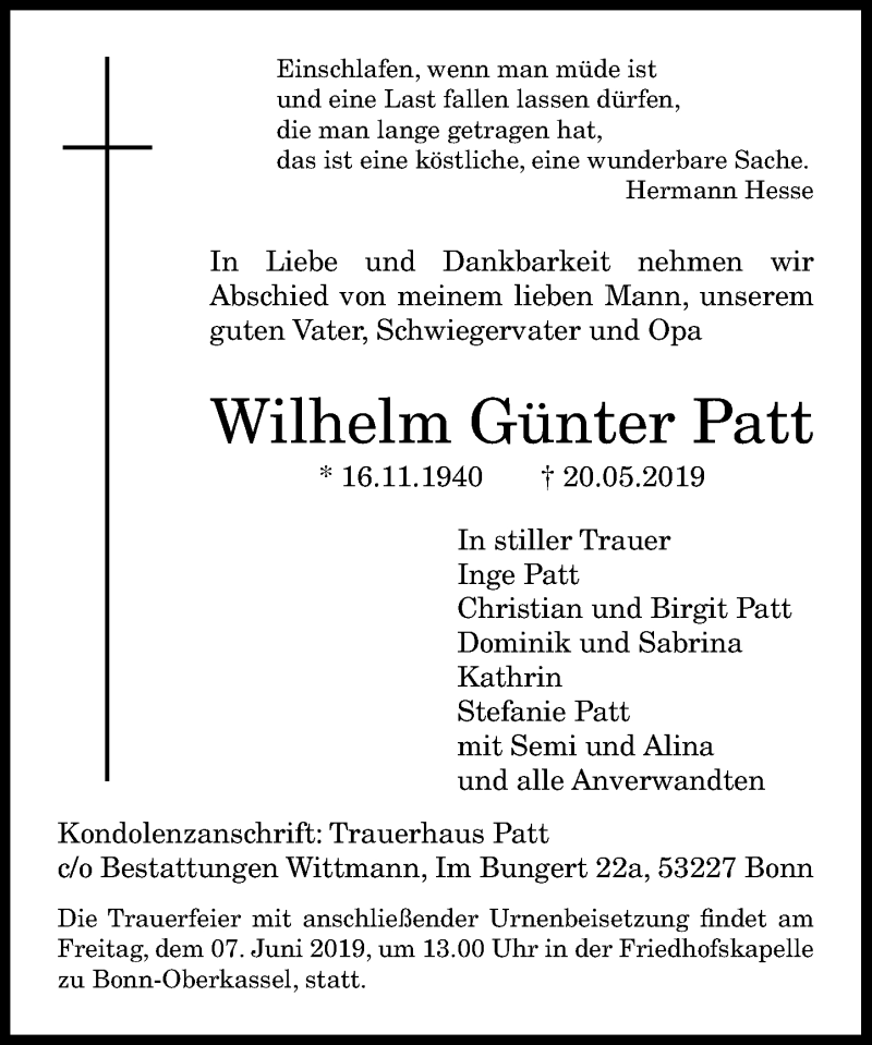  Traueranzeige für Wilhelm Günter Patt vom 01.06.2019 aus General-Anzeiger Bonn