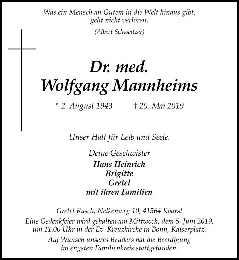  Traueranzeige für Wolfgang Mannheims vom 01.06.2019 aus General-Anzeiger Bonn
