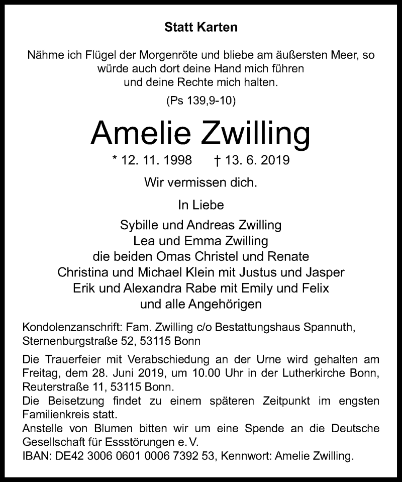  Traueranzeige für Amelie Zwilling vom 22.06.2019 aus General-Anzeiger Bonn