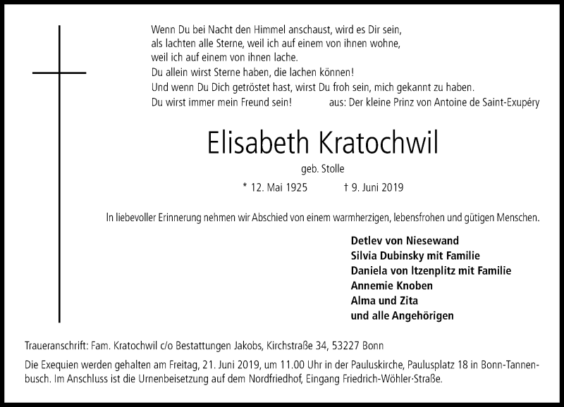  Traueranzeige für Elisabeth Kratochwil vom 15.06.2019 aus General-Anzeiger Bonn