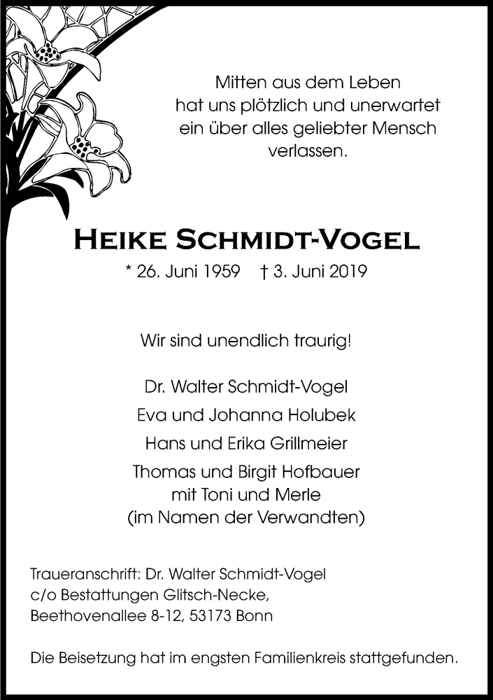  Traueranzeige für Heike Schmidt-Vogel vom 08.06.2019 aus General-Anzeiger Bonn