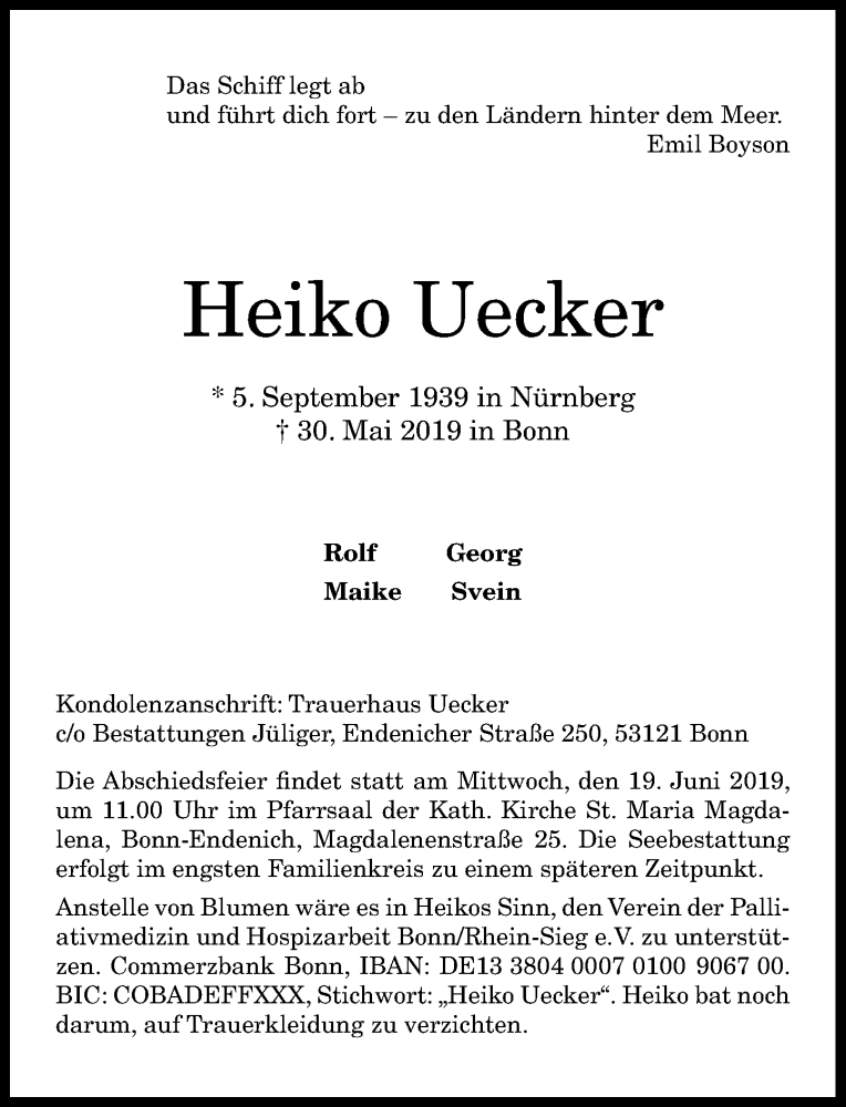  Traueranzeige für Heiko Uecker vom 15.06.2019 aus General-Anzeiger Bonn