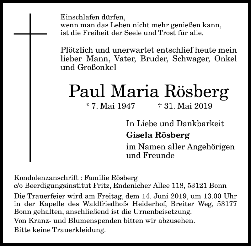  Traueranzeige für Paul Maria Rösberg vom 08.06.2019 aus General-Anzeiger Bonn