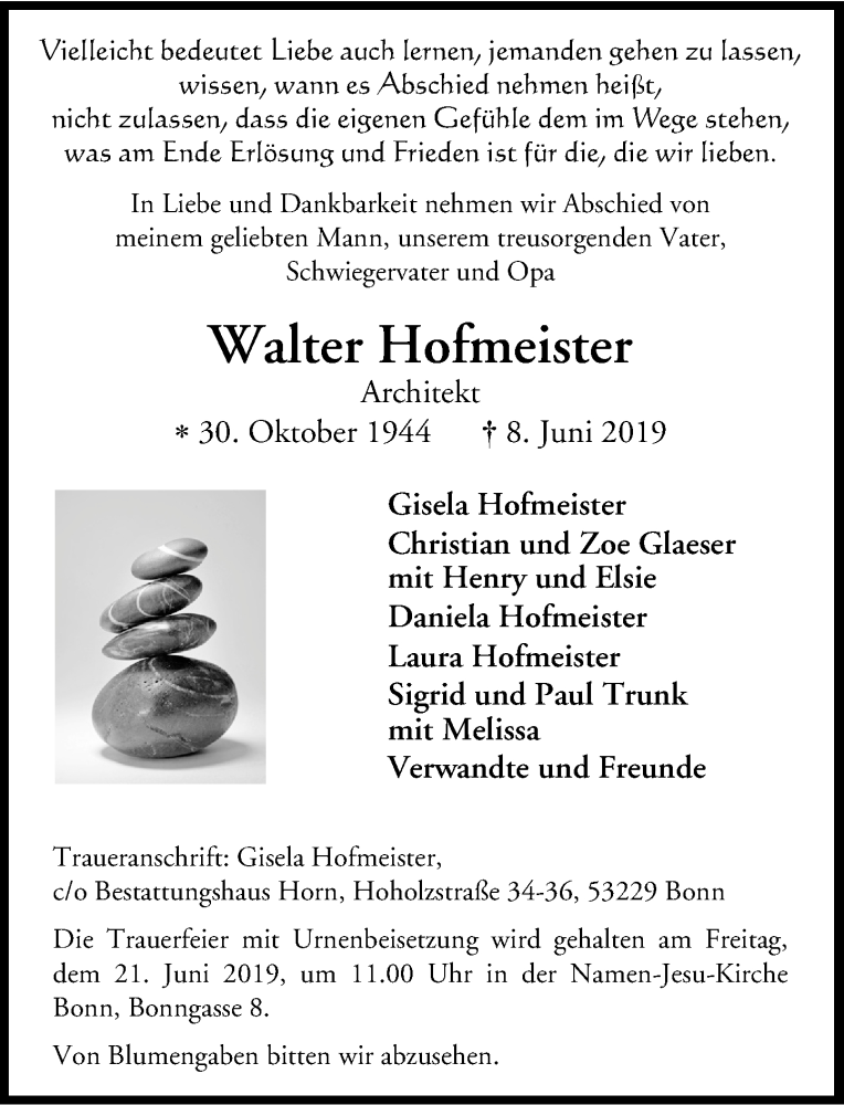  Traueranzeige für Walter Hofmeister vom 15.06.2019 aus General-Anzeiger Bonn