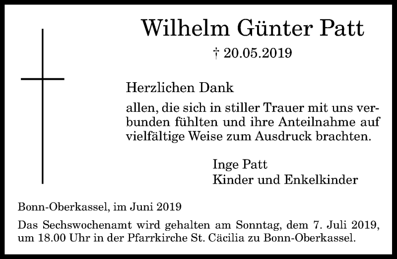  Traueranzeige für Wilhelm Günter Patt vom 29.06.2019 aus General-Anzeiger Bonn