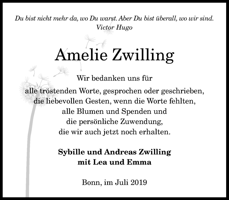  Traueranzeige für Amelie Zwilling vom 13.07.2019 aus General-Anzeiger Bonn