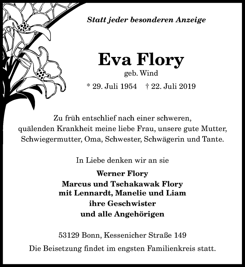  Traueranzeige für Eva Flory vom 31.07.2019 aus General-Anzeiger Bonn