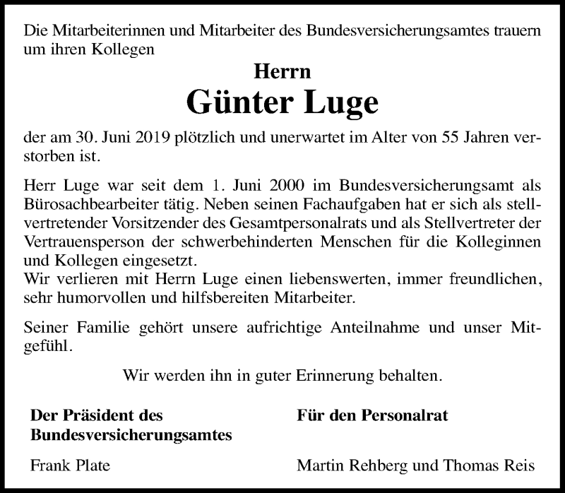  Traueranzeige für Günter Luge vom 06.07.2019 aus General-Anzeiger Bonn