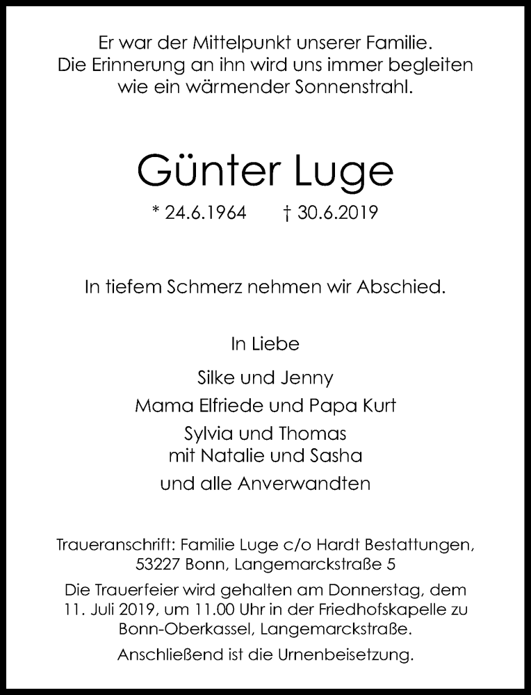  Traueranzeige für Günter Luge vom 06.07.2019 aus General-Anzeiger Bonn