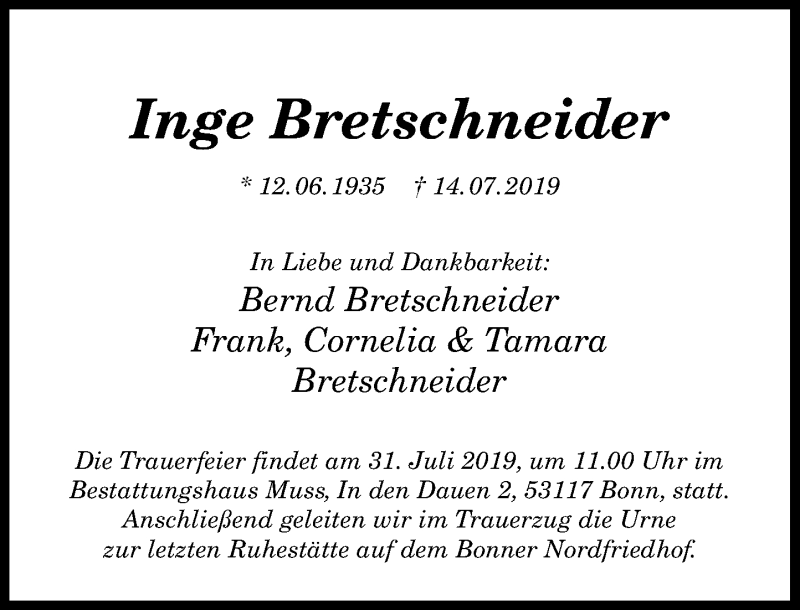 Traueranzeige für Inge Bretschneider vom 27.07.2019 aus General-Anzeiger Bonn