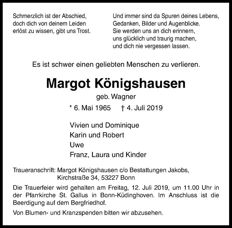  Traueranzeige für Margot Königshausen vom 06.07.2019 aus General-Anzeiger Bonn