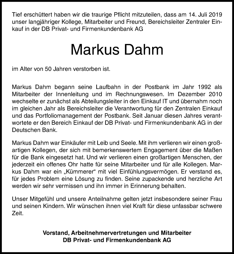  Traueranzeige für Markus Dahm vom 20.07.2019 aus General-Anzeiger Bonn