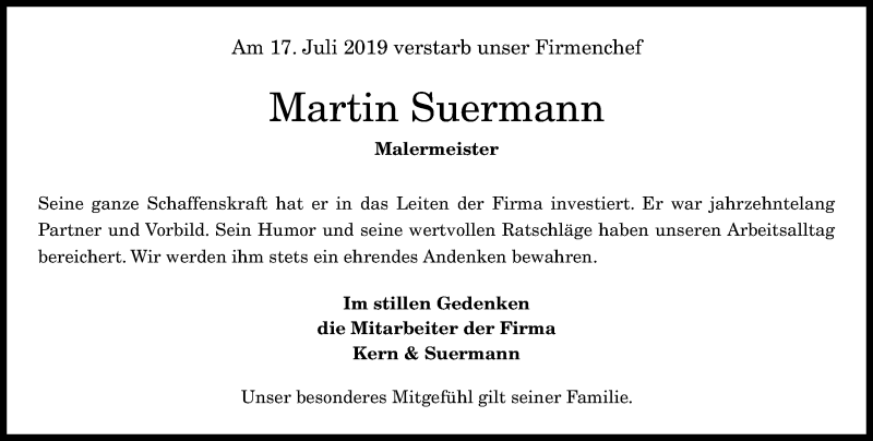  Traueranzeige für Martin Suermann vom 27.07.2019 aus General-Anzeiger Bonn